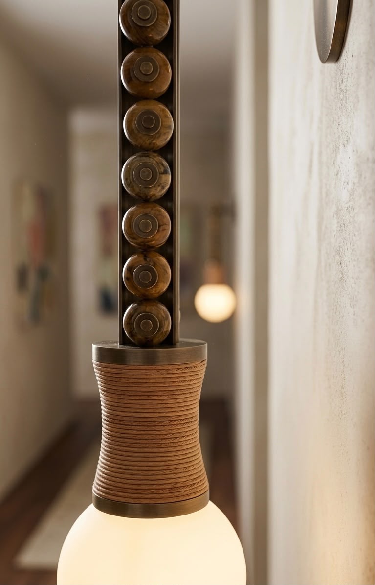 Artisan Wall Sconce in Vintage Bronze with Natural Jasper Stone & Leather Details - Les Trois Pyramides