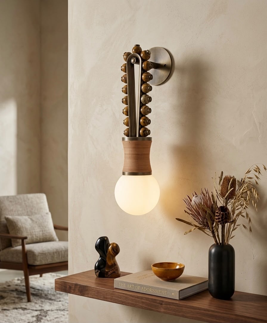 Artisan Wall Sconce in Vintage Bronze with Natural Jasper Stone & Leather Details - Les Trois Pyramides