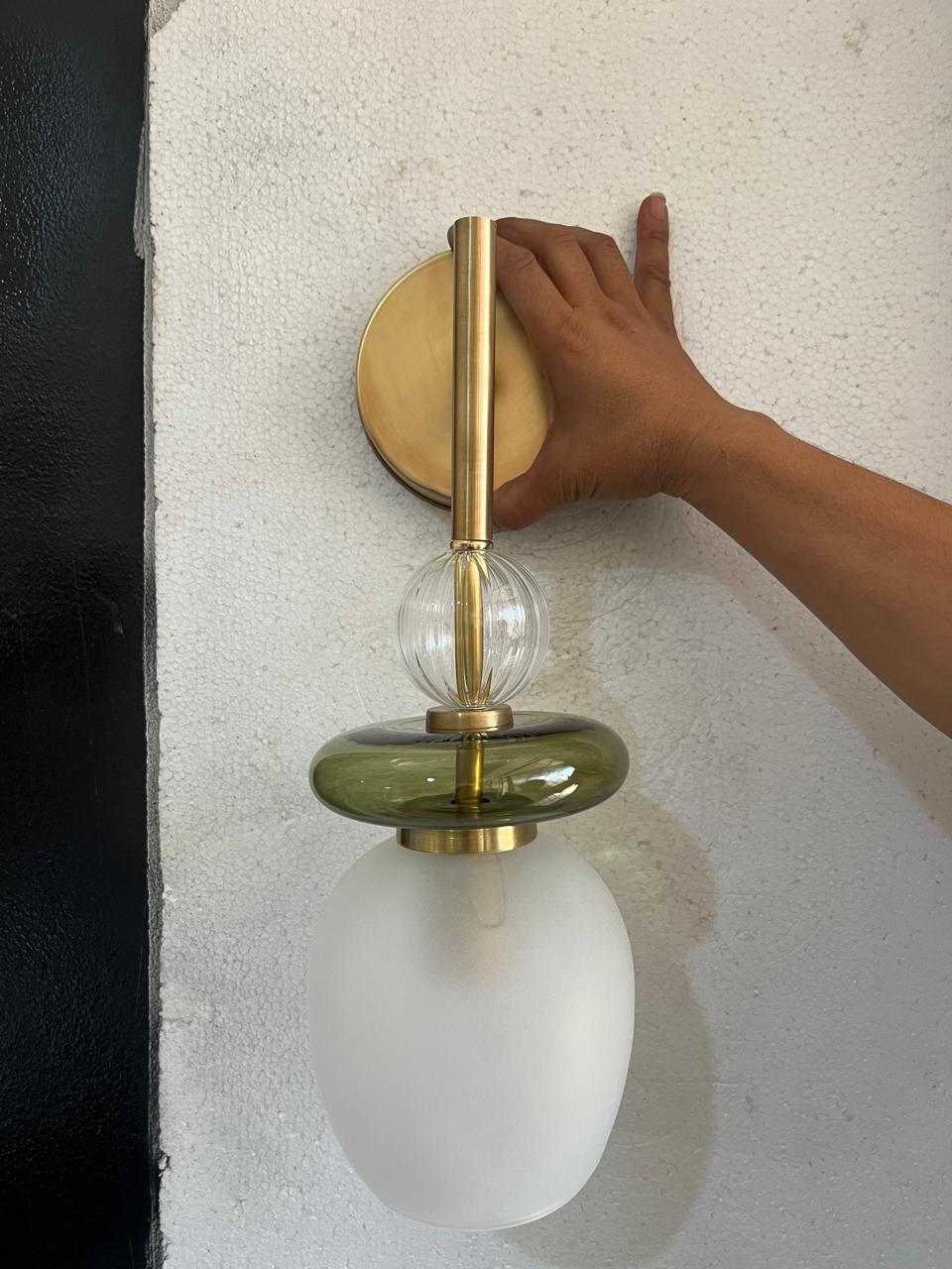 Modern Glass Wall Sconce, Brass Bathroom Vanity Light, Handmade Wall Lamp, Bedside Wall Light, Green Glass Sconce, Hallway Lighting | Les Trois Pyramides