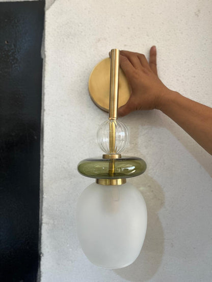 Modern Glass Wall Sconce, Brass Bathroom Vanity Light, Handmade Wall Lamp, Bedside Wall Light, Green Glass Sconce, Hallway Lighting | Les Trois Pyramides