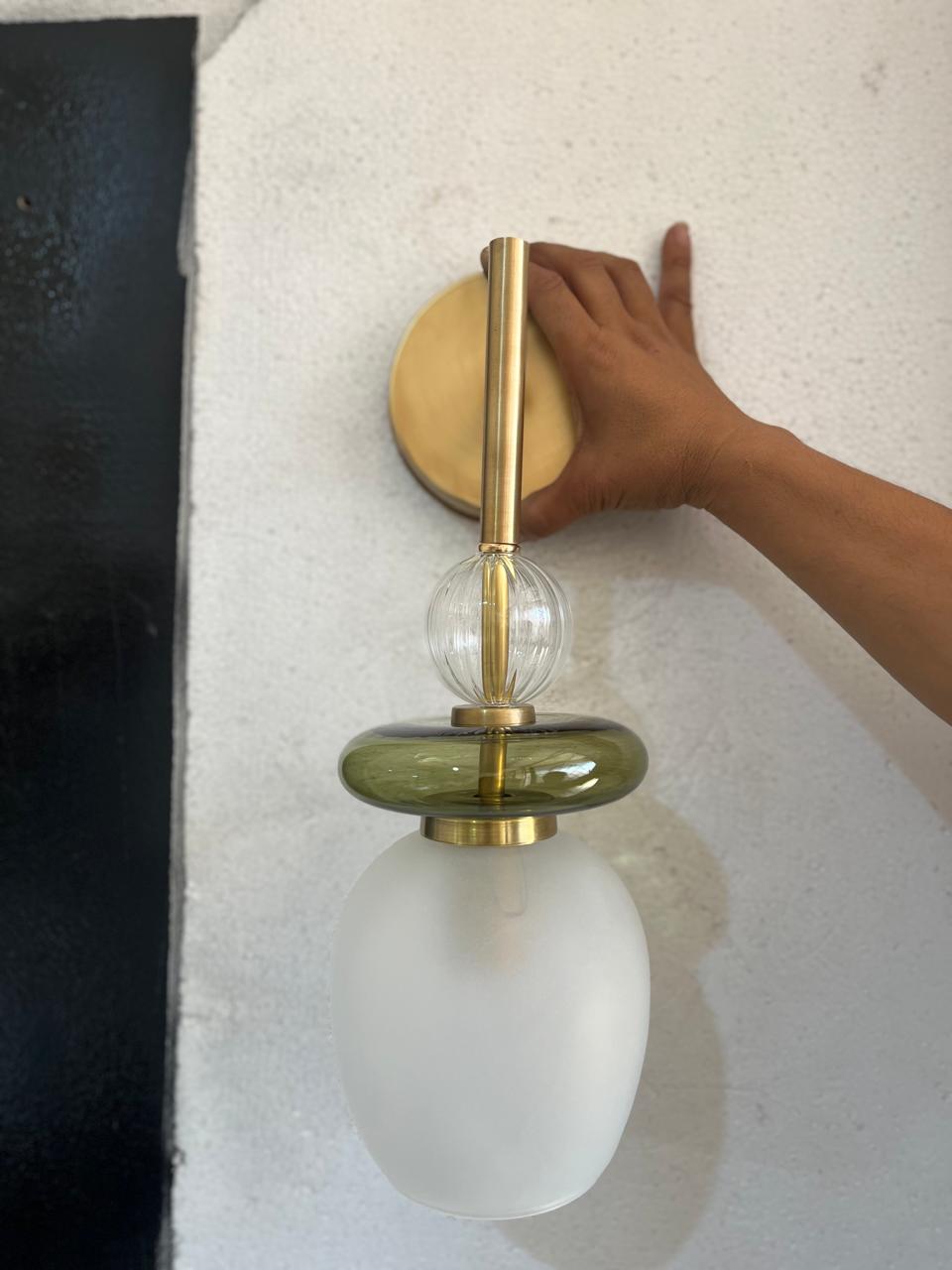 Modern Glass Wall Sconce, Brass Bathroom Vanity Light, Handmade Wall Lamp, Bedside Wall Light, Green Glass Sconce, Hallway Lighting | Les Trois Pyramides