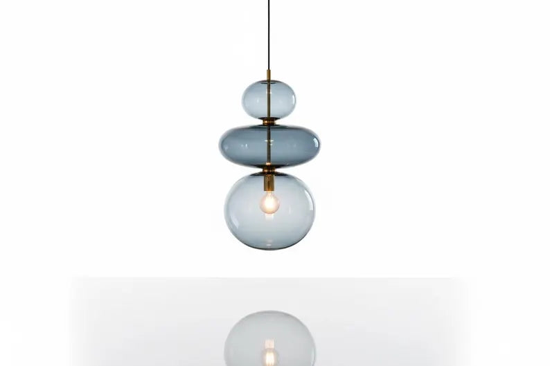 Glass Pendant Light, Bedside Hanging Light, Modern Glass Lamp, Blue Blown Glass Lighting, Bedroom Pendant, Minimal Ceiling Light | Les Trois Pyramides