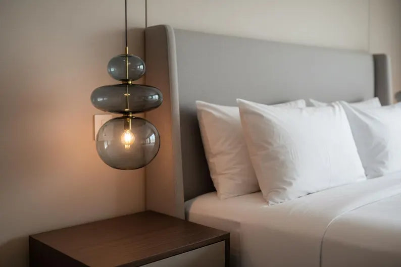 Glass Pendant Light, Bedside Hanging Light, Modern Glass Lamp, Blue Blown Glass Lighting, Bedroom Pendant, Minimal Ceiling Light | Les Trois Pyramides