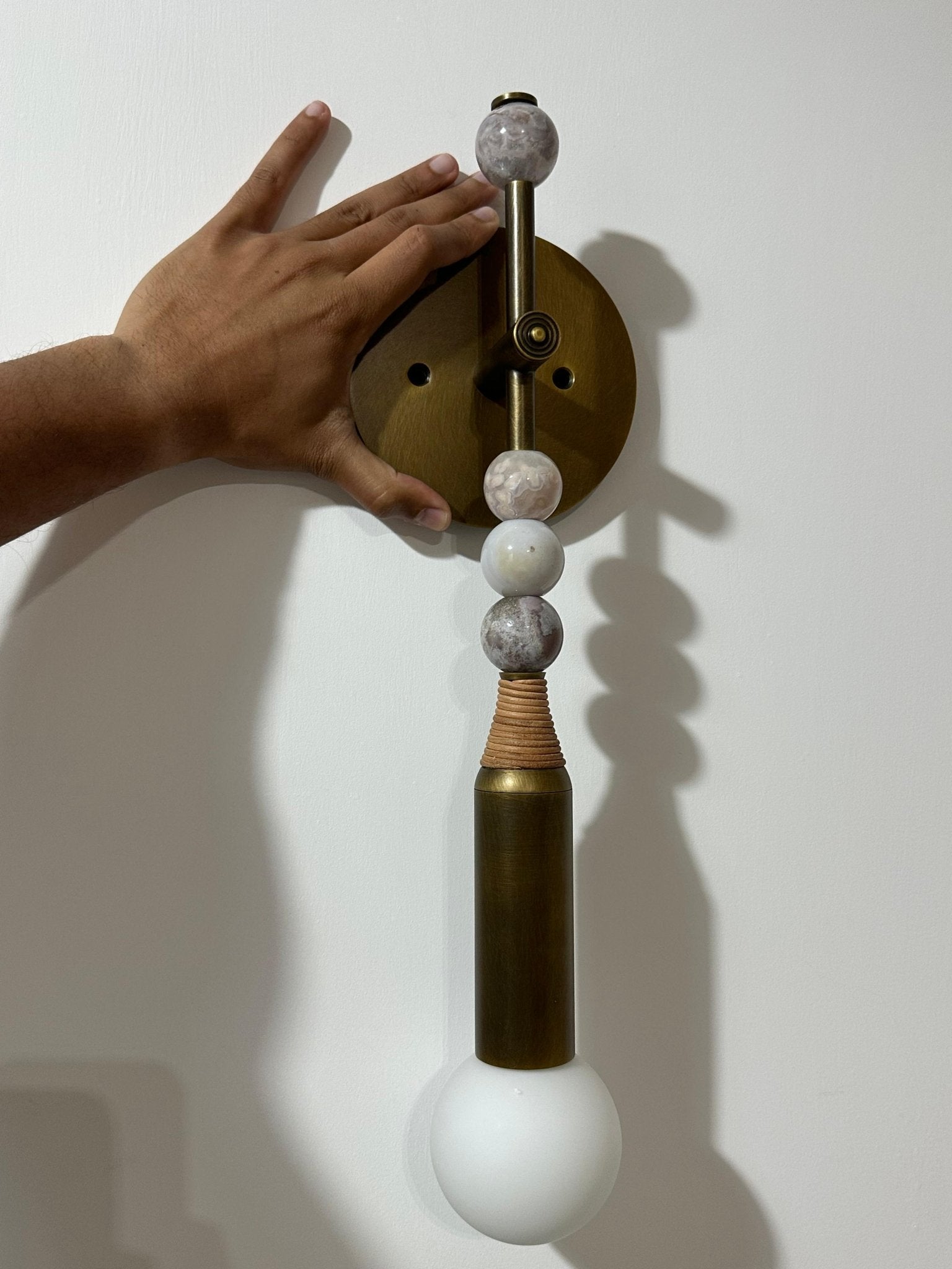 Aged Brass Wall Sconce with Marble Stones & Frosted Glass Globe | Handmade Modern Wall Light - Les Trois Pyramides