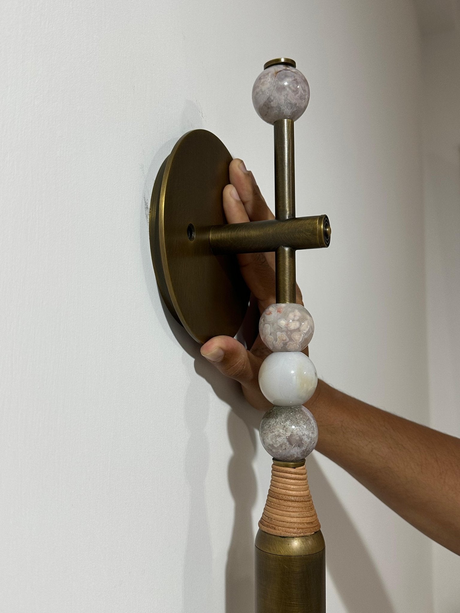 Aged Brass Wall Sconce with Marble Stones & Frosted Glass Globe | Handmade Modern Wall Light - Les Trois Pyramides