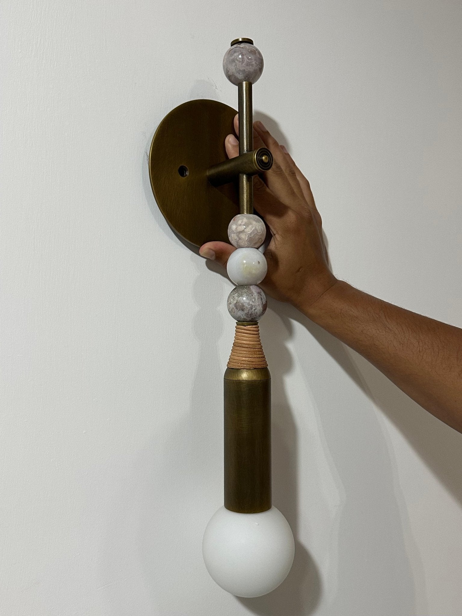 Aged Brass Wall Sconce with Marble Stones & Frosted Glass Globe | Handmade Modern Wall Light - Les Trois Pyramides
