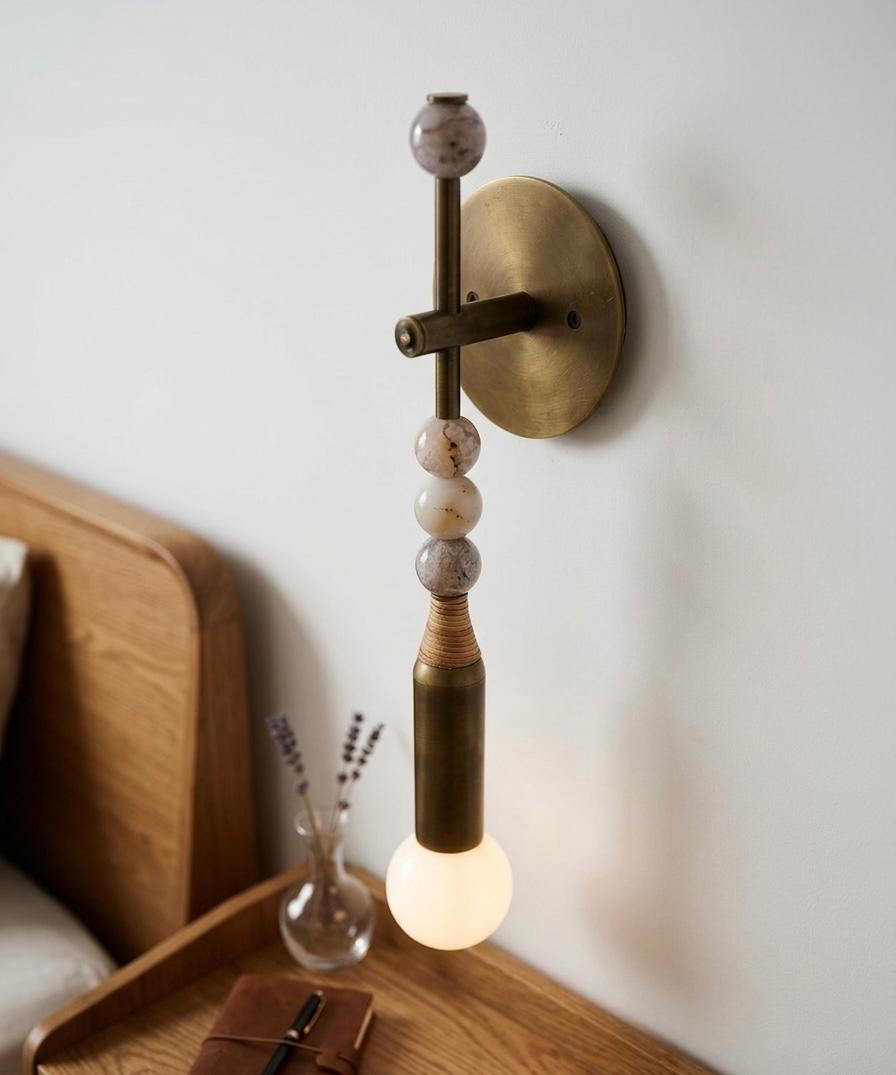 Aged Brass Wall Sconce with Marble Stones & Frosted Glass Globe | Handmade Modern Wall Light - Les Trois Pyramides
