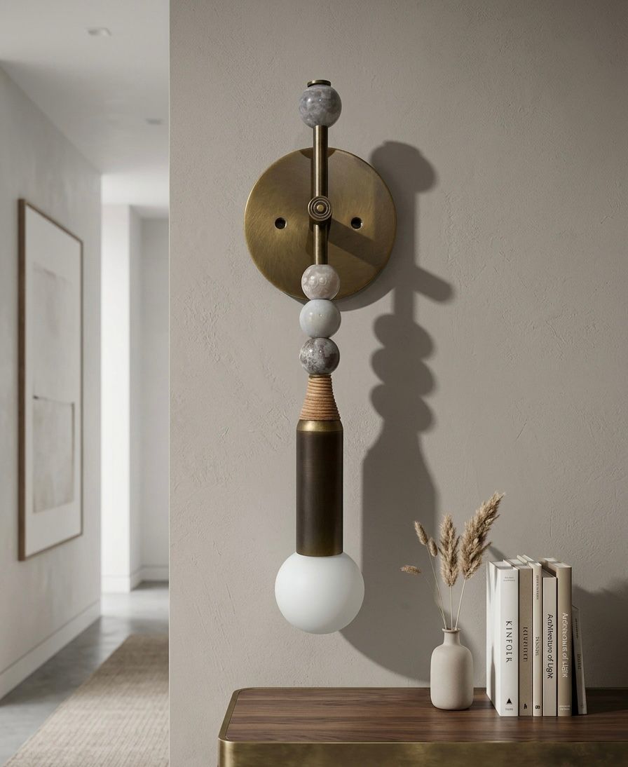 Aged Brass Wall Sconce with Marble Stones & Frosted Glass Globe | Handmade Modern Wall Light - Les Trois Pyramides
