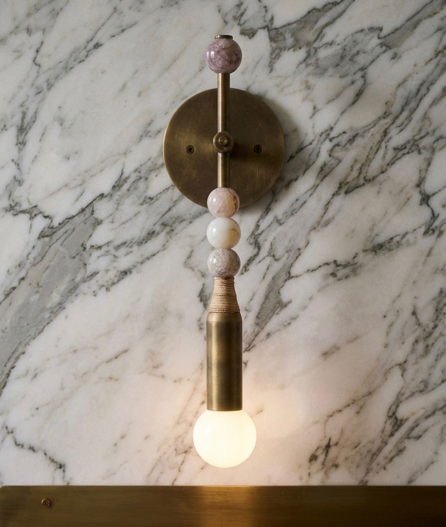 Aged Brass Wall Sconce with Marble Stones & Frosted Glass Globe | Handmade Modern Wall Light - Les Trois Pyramides