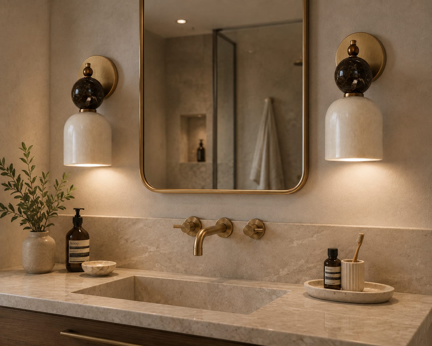 Alabaster & Marble Wall Sconce with Brass – Handmade Stone Wall Light | Les Trois Pyramides