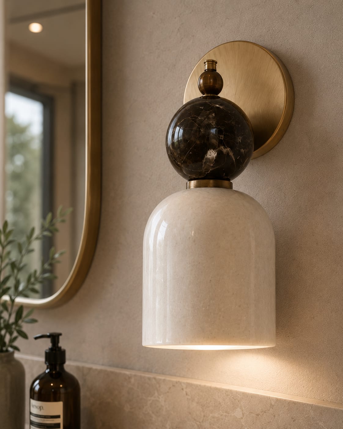 Alabaster & Marble Wall Sconce with Brass – Handmade Stone Wall Light | Les Trois Pyramides
