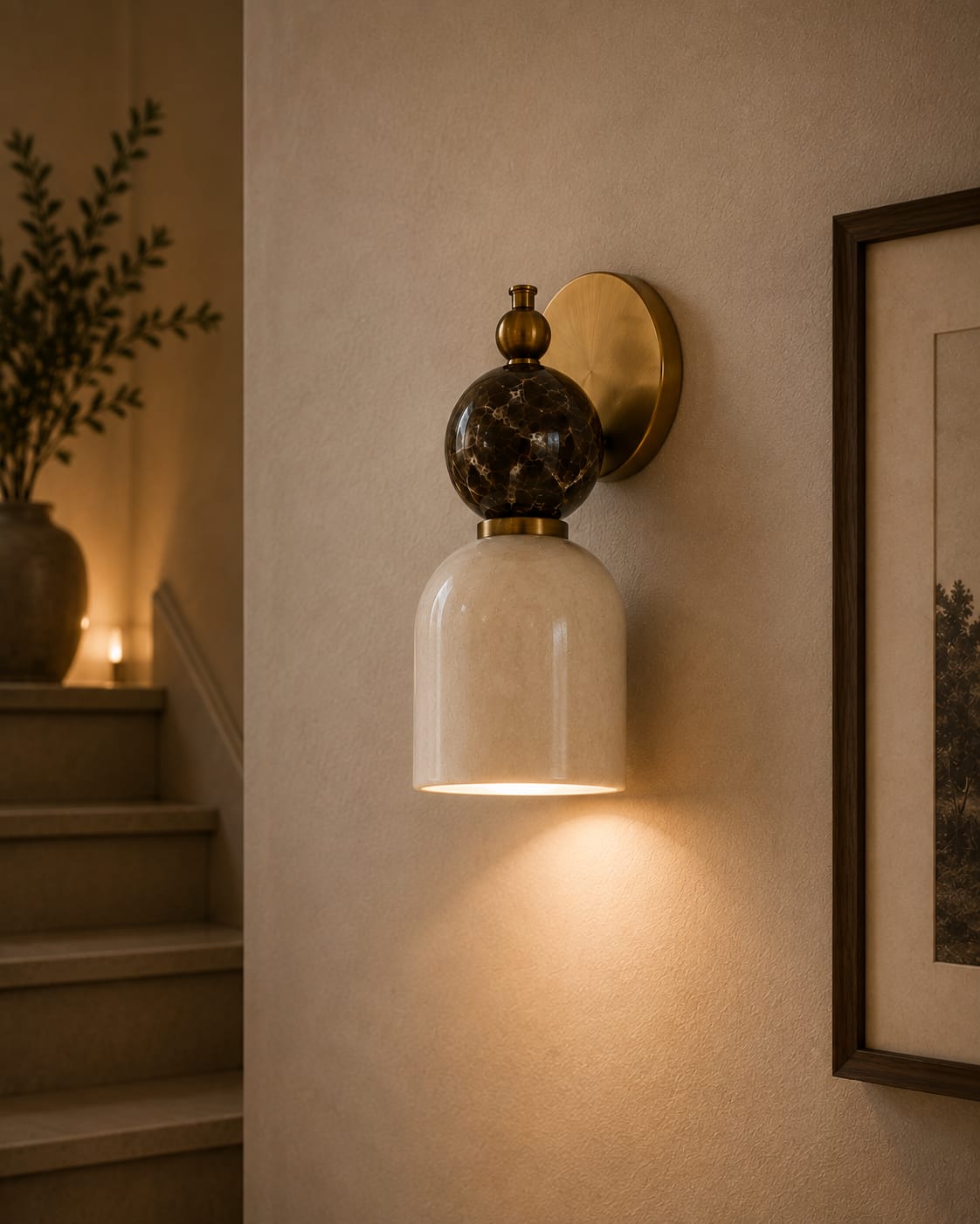 Alabaster & Marble Wall Sconce with Brass – Handmade Stone Wall Light | Les Trois Pyramides