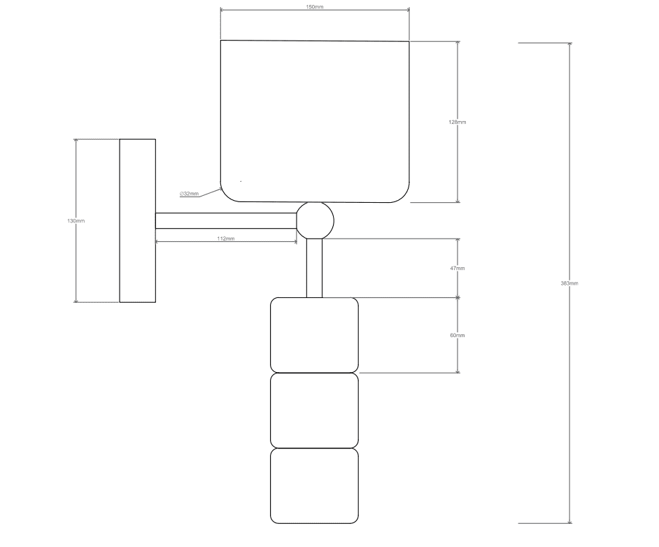 Technical drawing showing dimensions and proportions of alabaster wall sconce with brass structure
