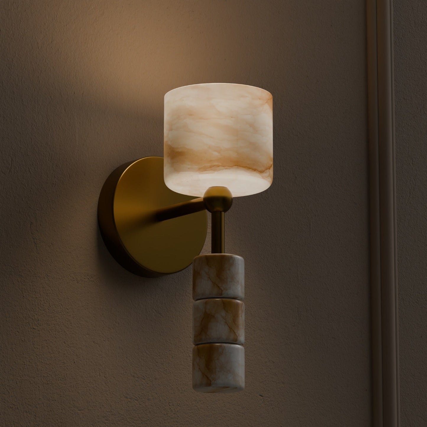 Alabaster wall light with brass finish emitting soft warm glow in dim interior setting
