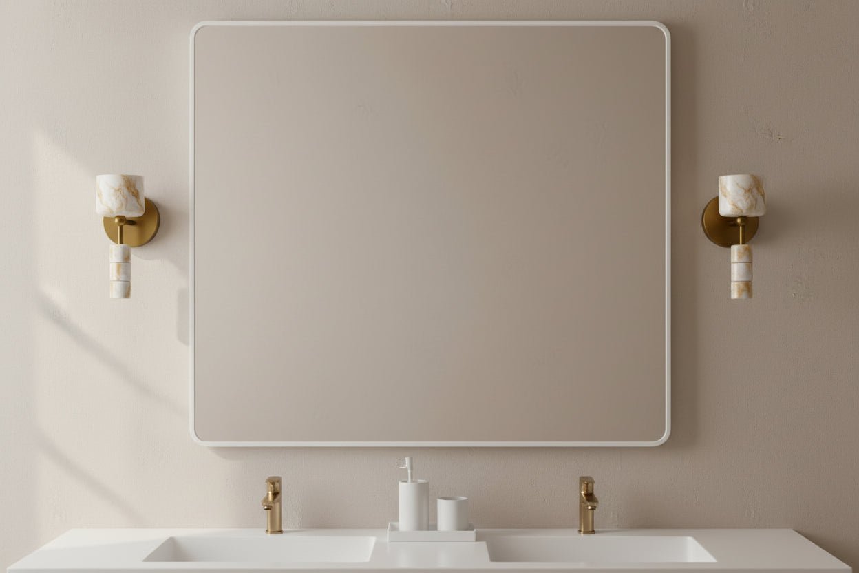 Alabaster wall sconces with brass finish installed in bathroom providing soft diffused lighting
