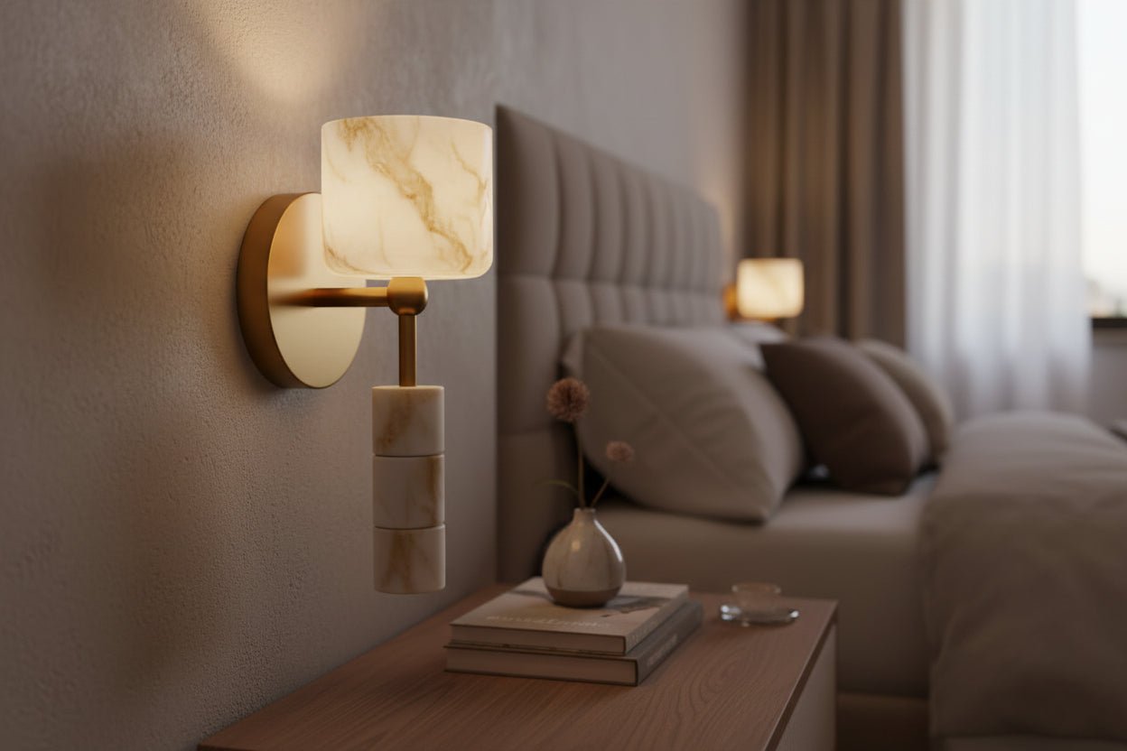 Handmade alabaster wall sconce with brass finish installed beside bed creating soft ambient lighting
