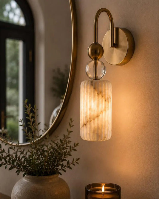 Handmade Alabaster Wall Sconce – Brass & Glass Wall Light – Modern Luxury Sconce – Art Deco Bathroom Vanity Light – Hallway Lighting | Les Trois Pyramides