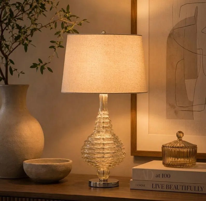 Amber Blown Glass Table Lamp, Handmade Glass Lamp, Modern Bedside Lamp, Ribbed Glass Table Light, Living Room Lighting | Les Trois Pyramides