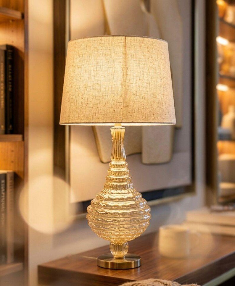 Amber Blown Glass Table Lamp, Handmade Glass Lamp, Modern Bedside Lamp, Ribbed Glass Table Light, Living Room Lighting | Les Trois Pyramides