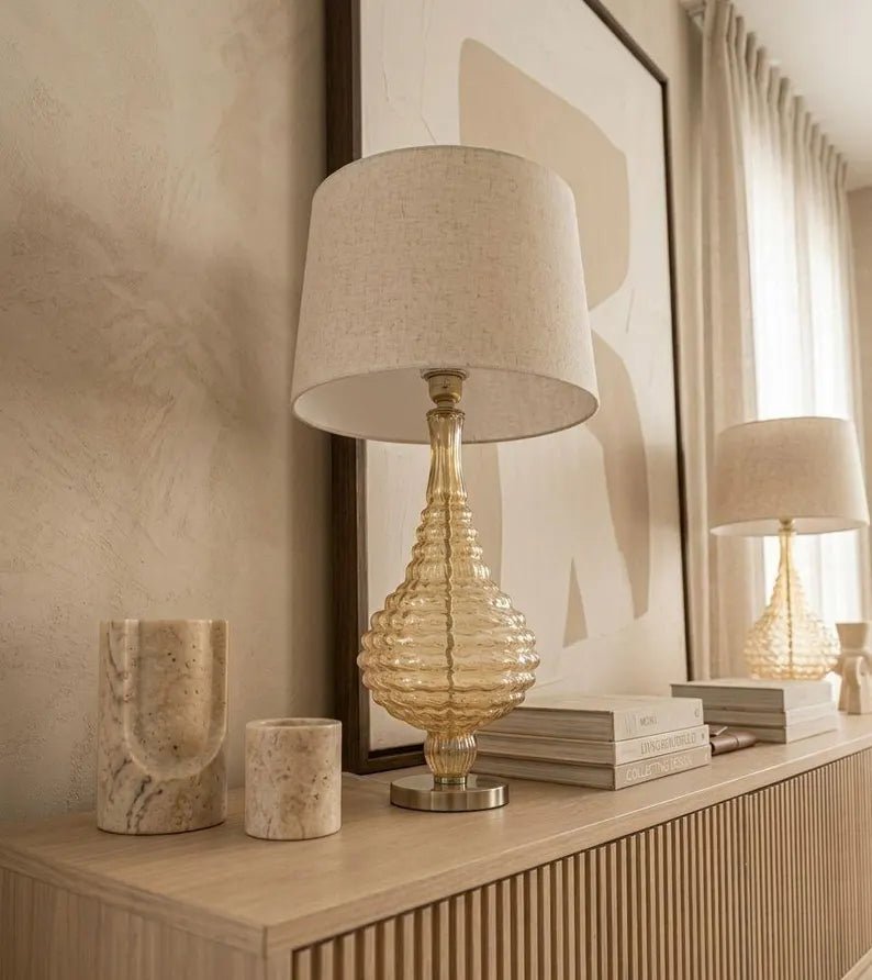 Amber Blown Glass Table Lamp, Handmade Glass Lamp, Modern Bedside Lamp, Ribbed Glass Table Light, Living Room Lighting | Les Trois Pyramides