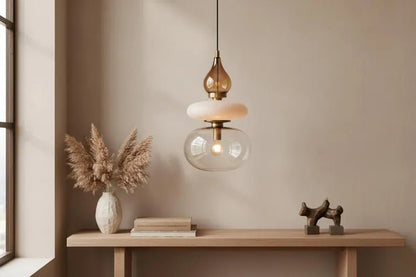 Modern Glass Pendant Light, Amber & Clear Hanging Lamp, Kitchen Island Lighting, Minimal Ceiling Light, Handmade Glass Pendant | Les Trois Pyramides