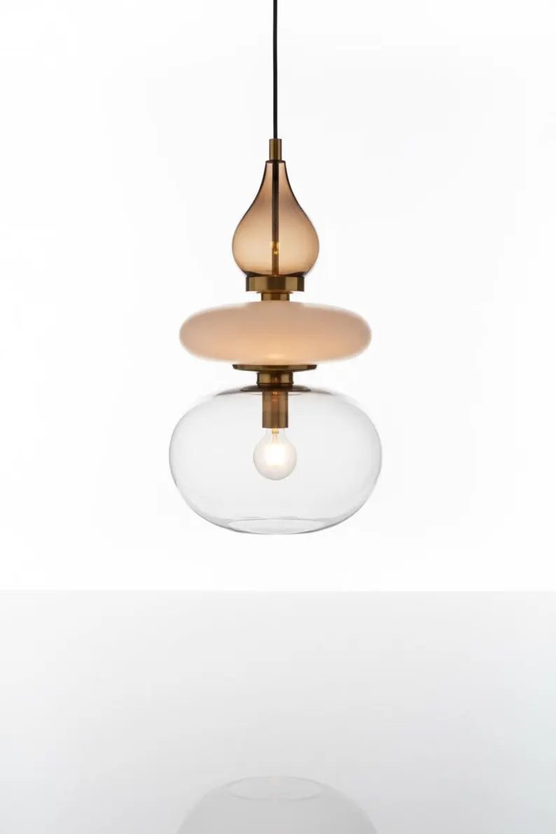 Modern Glass Pendant Light, Amber & Clear Hanging Lamp, Kitchen Island Lighting, Minimal Ceiling Light, Handmade Glass Pendant | Les Trois Pyramides