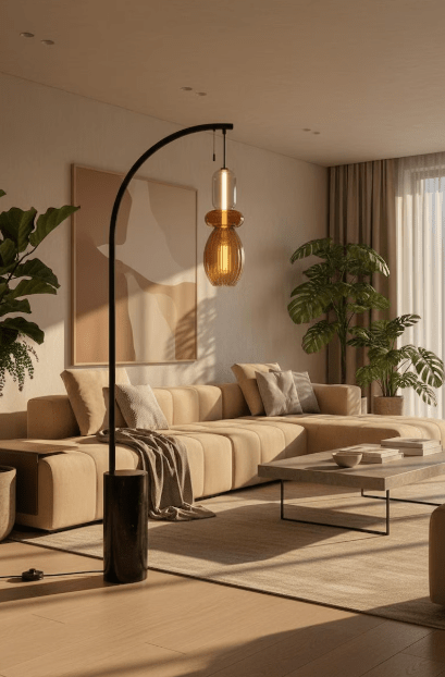Amber Glass Floor Lamp with Marble Base | Handmade Arc Standing Lamp | Modern Living Room Lighting | Bedside Lamp | Warm Ambient Light  Les Trois Pyramides
