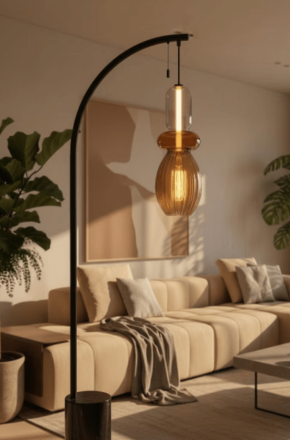 Amber Glass Floor Lamp with Marble Base | Handmade Arc Standing Lamp | Modern Living Room Lighting | Bedside Lamp | Warm Ambient Light  Les Trois Pyramides