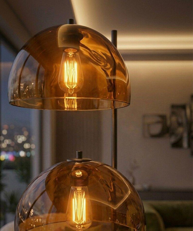 Amber Glass Floor Lamp with Marble Base | Handmade Modern Standing Lamp | Triple Dome Light | Living Room Lighting | Mid Century Style Lamp | Les Trois Pyramides
