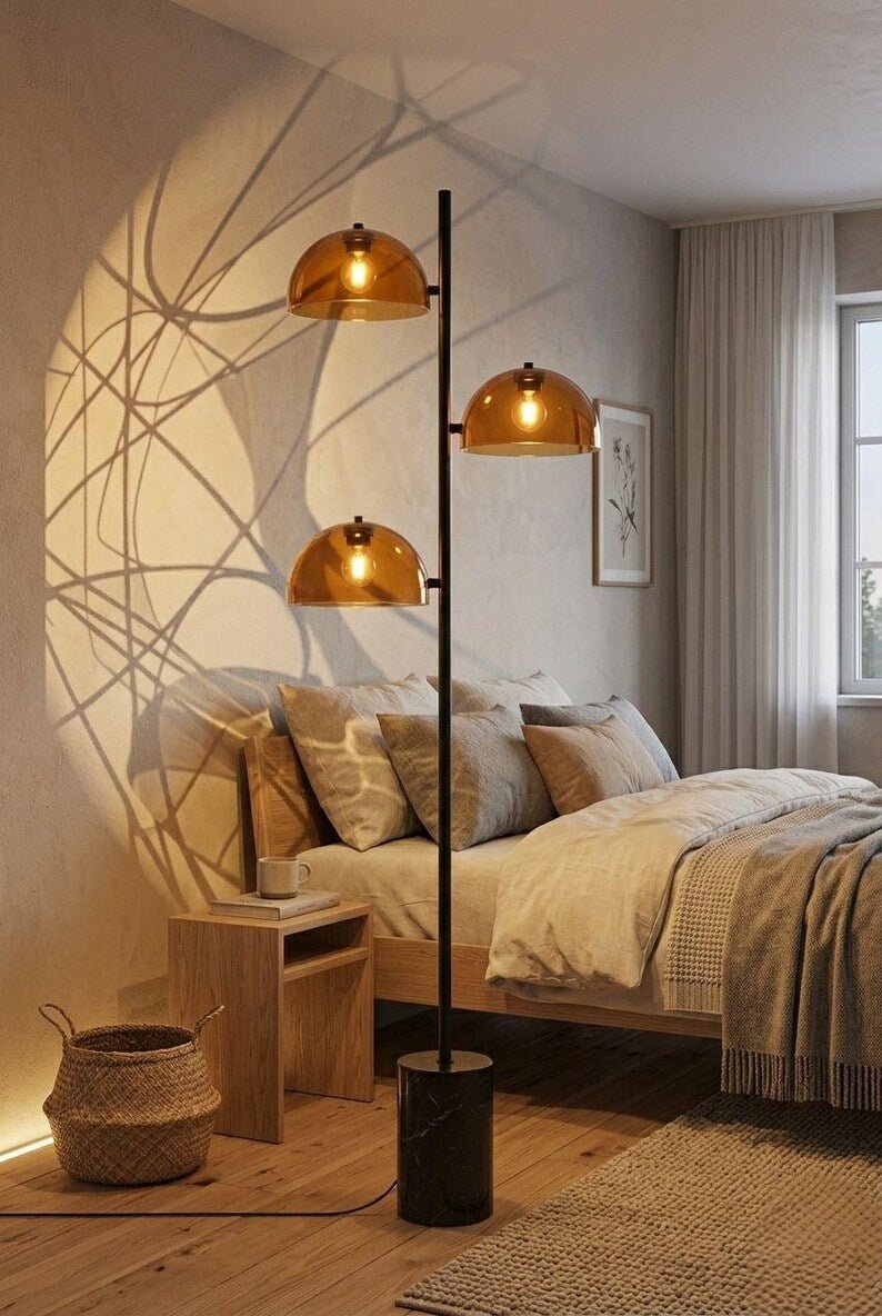 Amber Glass Floor Lamp with Marble Base | Handmade Modern Standing Lamp | Triple Dome Light | Living Room Lighting | Mid Century Style Lamp | Les Trois Pyramides
