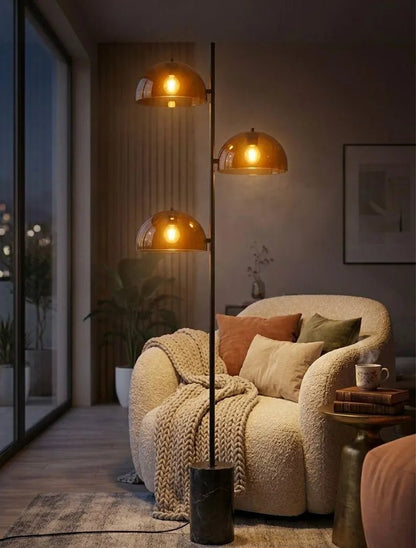 Amber Glass Floor Lamp with Marble Base | Handmade Modern Standing Lamp | Triple Dome Light | Living Room Lighting | Mid Century Style Lamp | Les Trois Pyramides

