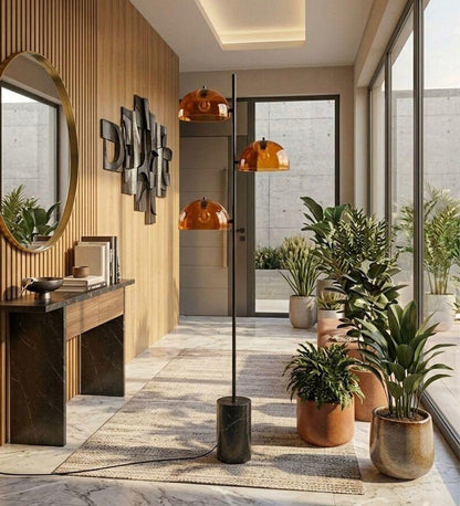 Amber Glass Floor Lamp with Marble Base | Handmade Modern Standing Lamp | Triple Dome Light | Living Room Lighting | Mid Century Style Lamp | Les Trois Pyramides

