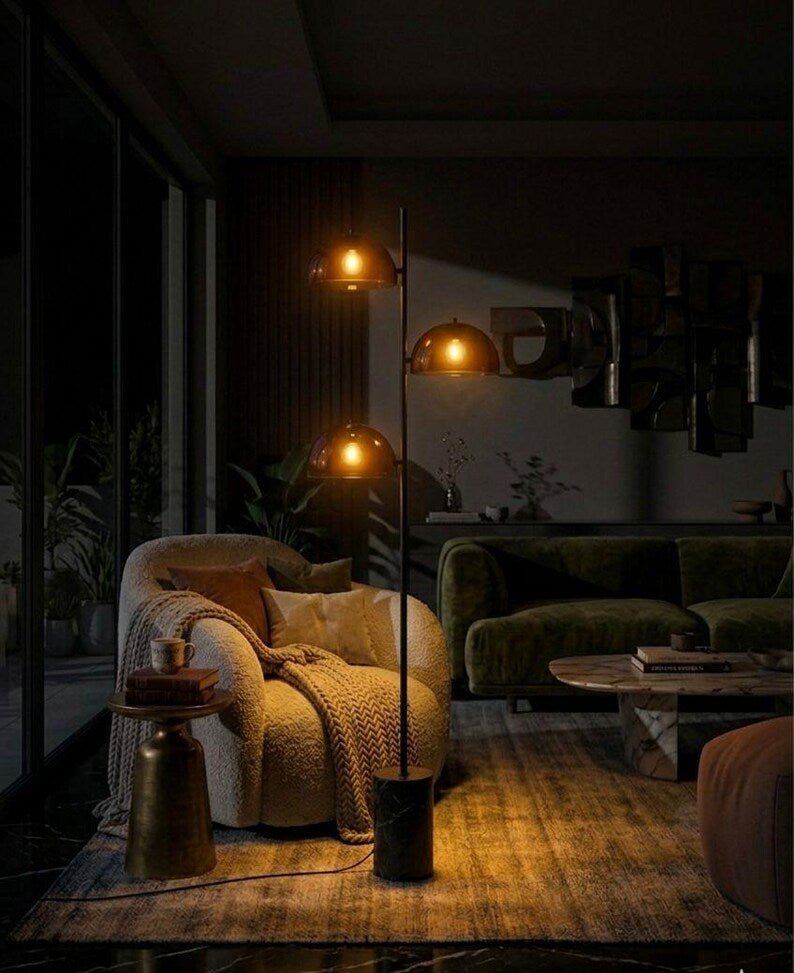 Amber Glass Floor Lamp with Marble Base | Handmade Modern Standing Lamp | Triple Dome Light | Living Room Lighting | Mid Century Style Lamp | Les Trois Pyramides
