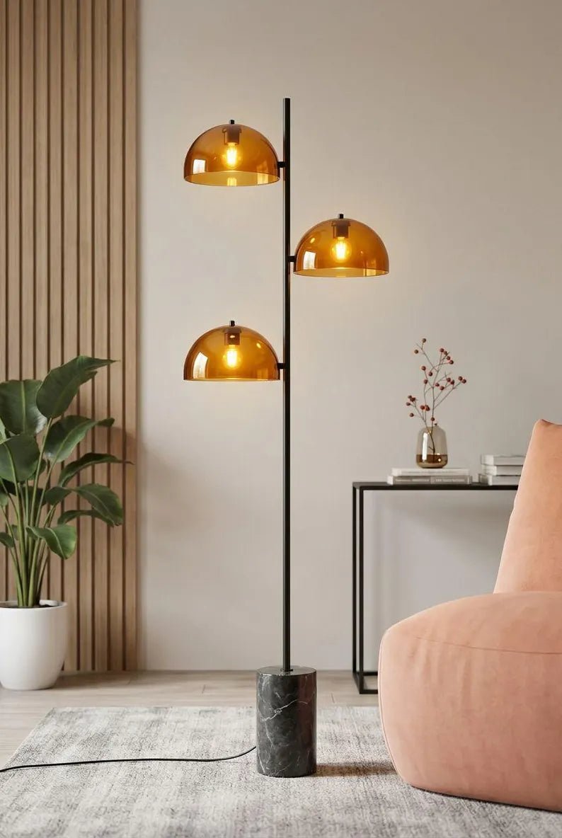 Amber Glass Floor Lamp with Marble Base | Handmade Modern Standing Lamp | Triple Dome Light | Living Room Lighting | Mid Century Style Lamp | Les Trois Pyramides
