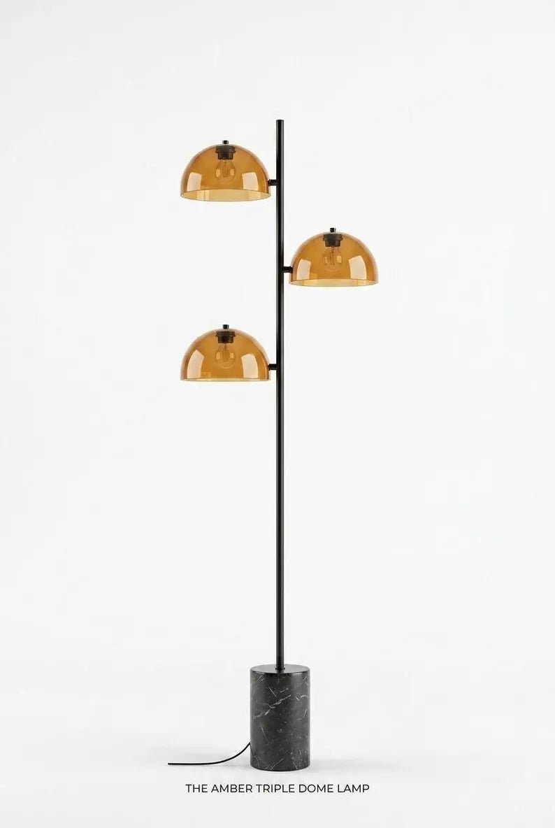 Amber Glass Floor Lamp with Marble Base | Handmade Modern Standing Lamp | Triple Dome Light | Living Room Lighting | Mid Century Style Lamp | Les Trois Pyramides
