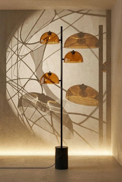 Amber Glass Floor Lamp with Marble Base | Handmade Modern Standing Lamp | Triple Dome Light | Living Room Lighting | Mid Century Style Lamp | Les Trois Pyramides
