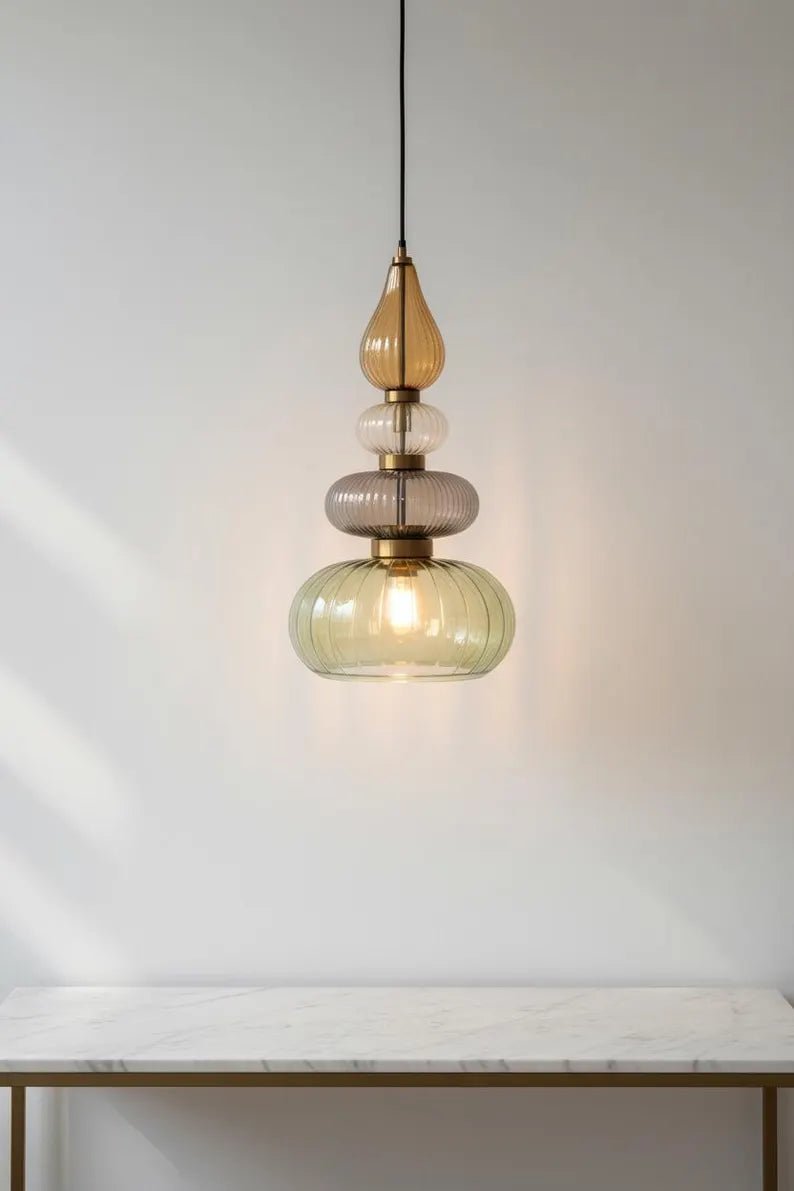 Glass Pendant Light Fixture, Amber Green Hanging Lamp, Kitchen Island Lighting, Modern Ceiling Light, Handmade Blown Glass Pendant | Les Trois Pyramides 