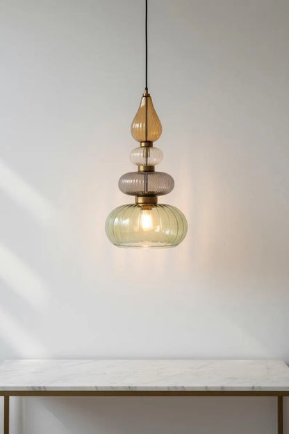Glass Pendant Light Fixture, Amber Green Hanging Lamp, Kitchen Island Lighting, Modern Ceiling Light, Handmade Blown Glass Pendant | Les Trois Pyramides 