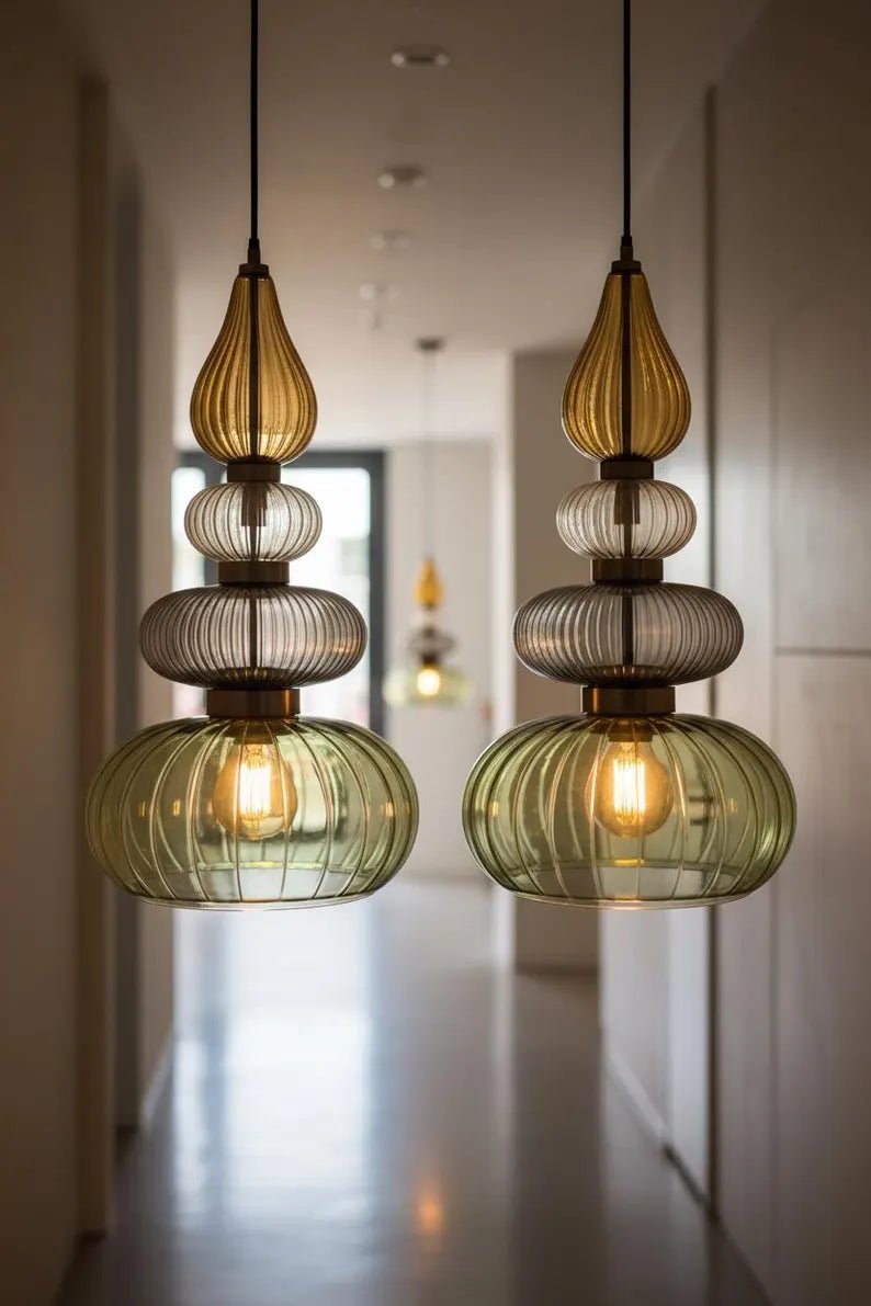 Glass Pendant Light Fixture, Amber Green Hanging Lamp, Kitchen Island Lighting, Modern Ceiling Light, Handmade Blown Glass Pendant | Les Trois Pyramides 