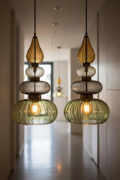 Glass Pendant Light Fixture, Amber Green Hanging Lamp, Kitchen Island Lighting, Modern Ceiling Light, Handmade Blown Glass Pendant | Les Trois Pyramides 