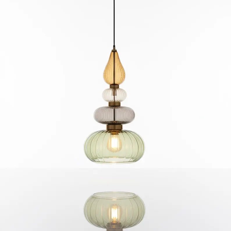 Glass Pendant Light Fixture, Amber Green Hanging Lamp, Kitchen Island Lighting, Modern Ceiling Light, Handmade Blown Glass Pendant | Les Trois Pyramides 