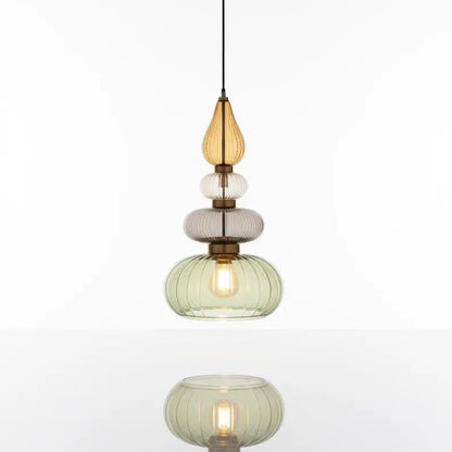 Glass Pendant Light Fixture, Amber Green Hanging Lamp, Kitchen Island Lighting, Modern Ceiling Light, Handmade Blown Glass Pendant | Les Trois Pyramides 