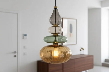 Glass Pendant Light Brass, Kitchen Island Lighting, Amber Green Hanging Lamp, Hand Blown Glass Pendant, Modern Ceiling Light | Les Trois Pyramides 