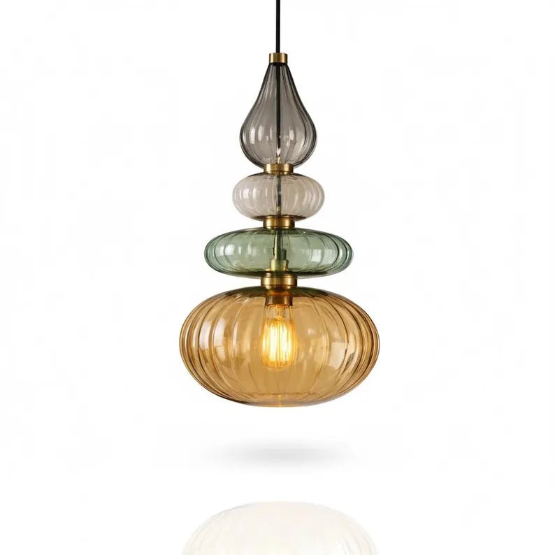 Glass Pendant Light Brass, Kitchen Island Lighting, Amber Green Hanging Lamp, Hand Blown Glass Pendant, Modern Ceiling Light | Les Trois Pyramides 