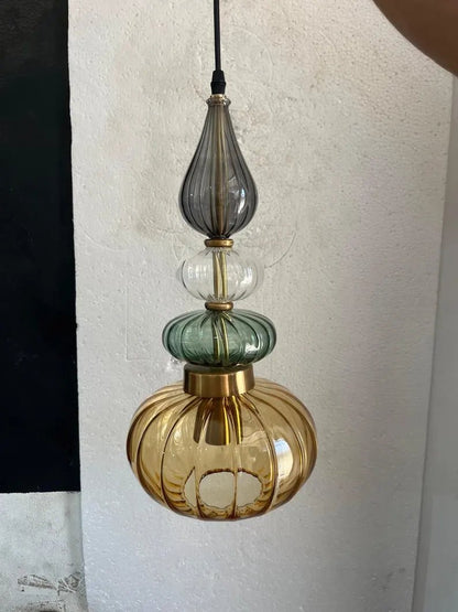 Glass Pendant Light Brass, Kitchen Island Lighting, Amber Green Hanging Lamp, Hand Blown Glass Pendant, Modern Ceiling Light | Les Trois Pyramides 
