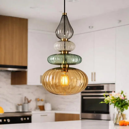 Glass Pendant Light Brass, Kitchen Island Lighting, Amber Green Hanging Lamp, Hand Blown Glass Pendant, Modern Ceiling Light | Les Trois Pyramides 