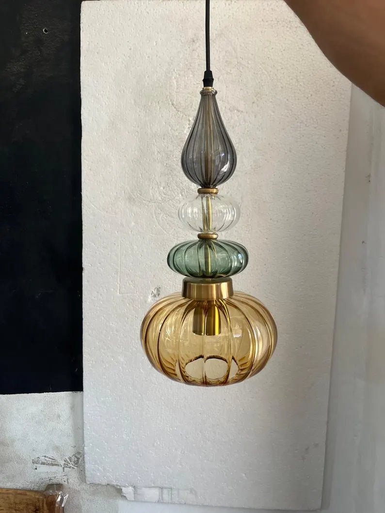 Glass Pendant Light Brass, Kitchen Island Lighting, Amber Green Hanging Lamp, Hand Blown Glass Pendant, Modern Ceiling Light | Les Trois Pyramides 