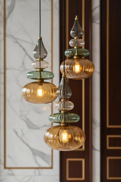 Glass Pendant Light Brass, Kitchen Island Lighting, Amber Green Hanging Lamp, Hand Blown Glass Pendant, Modern Ceiling Light | Les Trois Pyramides 