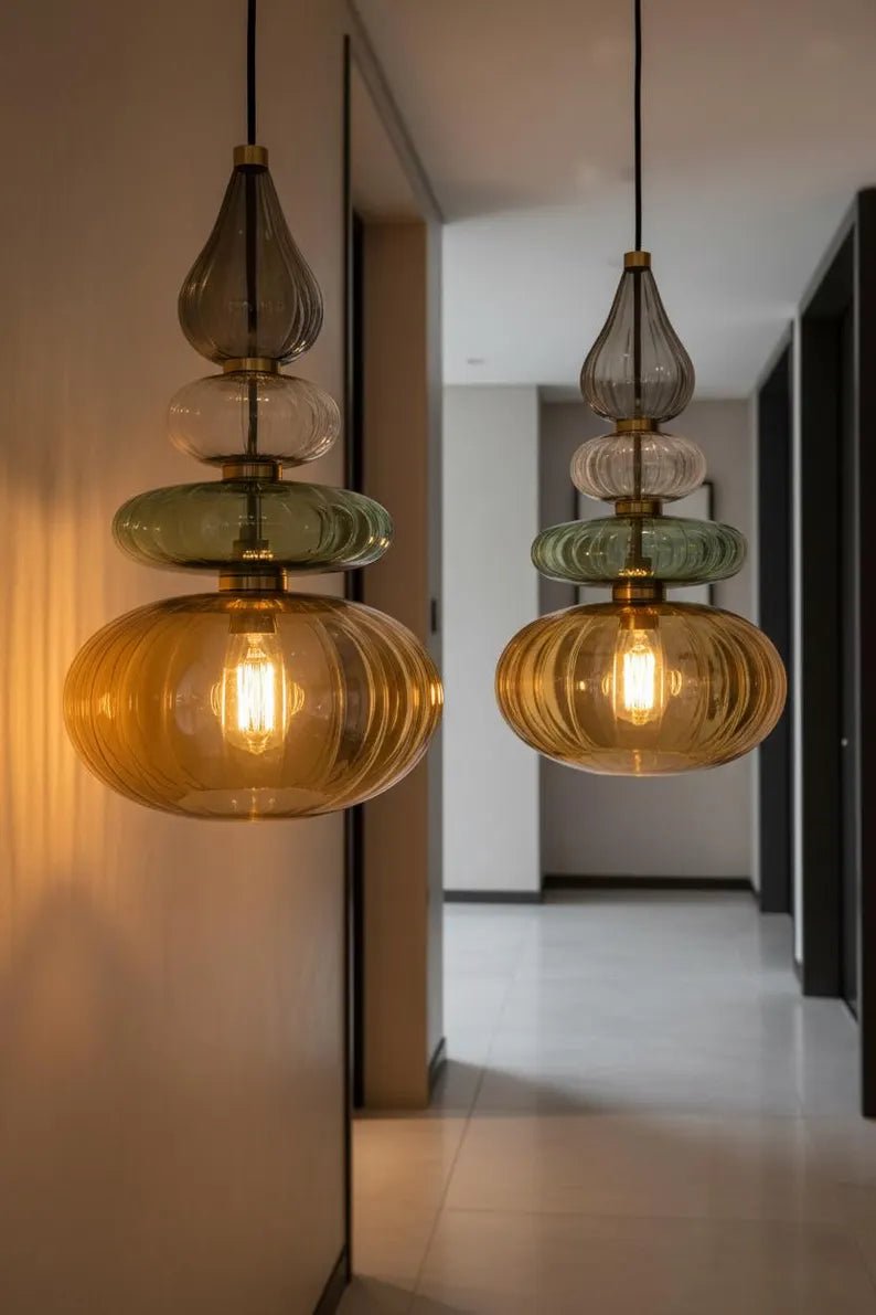 Glass Pendant Light Brass, Kitchen Island Lighting, Amber Green Hanging Lamp, Hand Blown Glass Pendant, Modern Ceiling Light | Les Trois Pyramides 