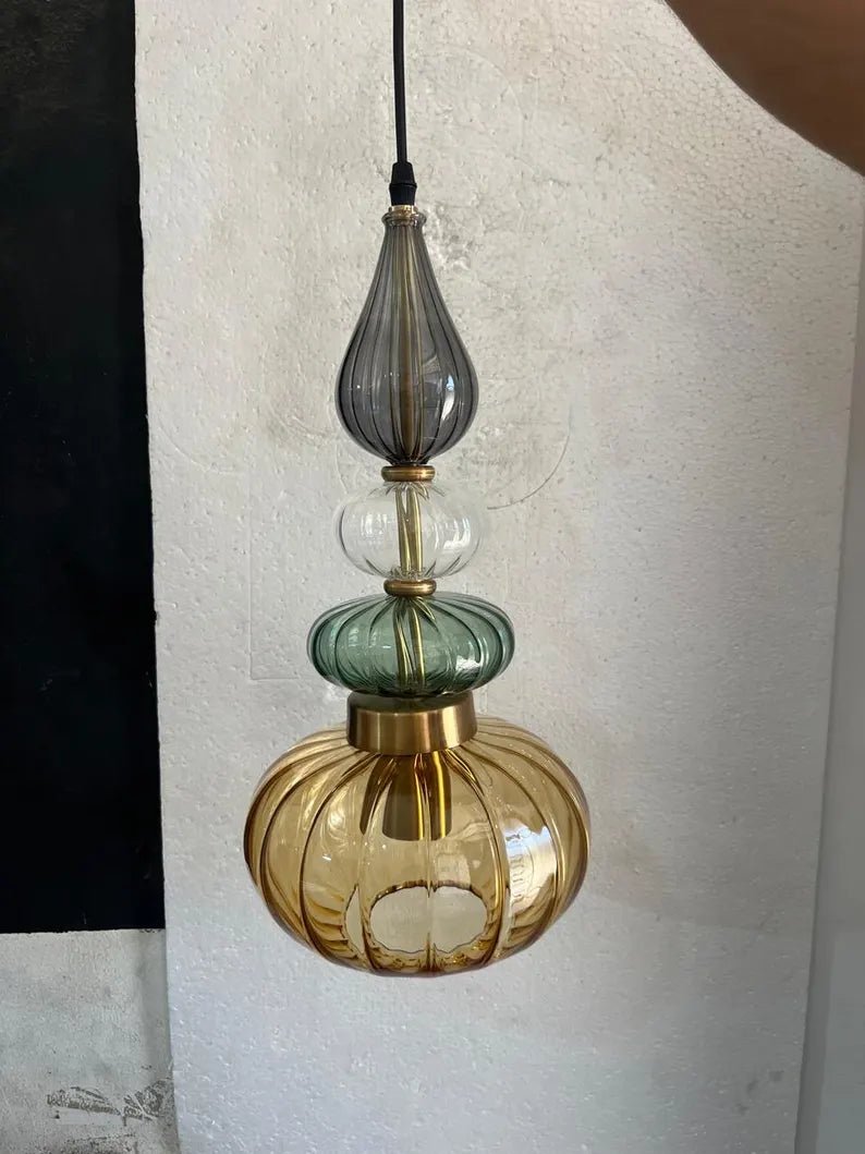 Glass Pendant Light Brass, Kitchen Island Lighting, Amber Green Hanging Lamp, Hand Blown Glass Pendant, Modern Ceiling Light | Les Trois Pyramides 